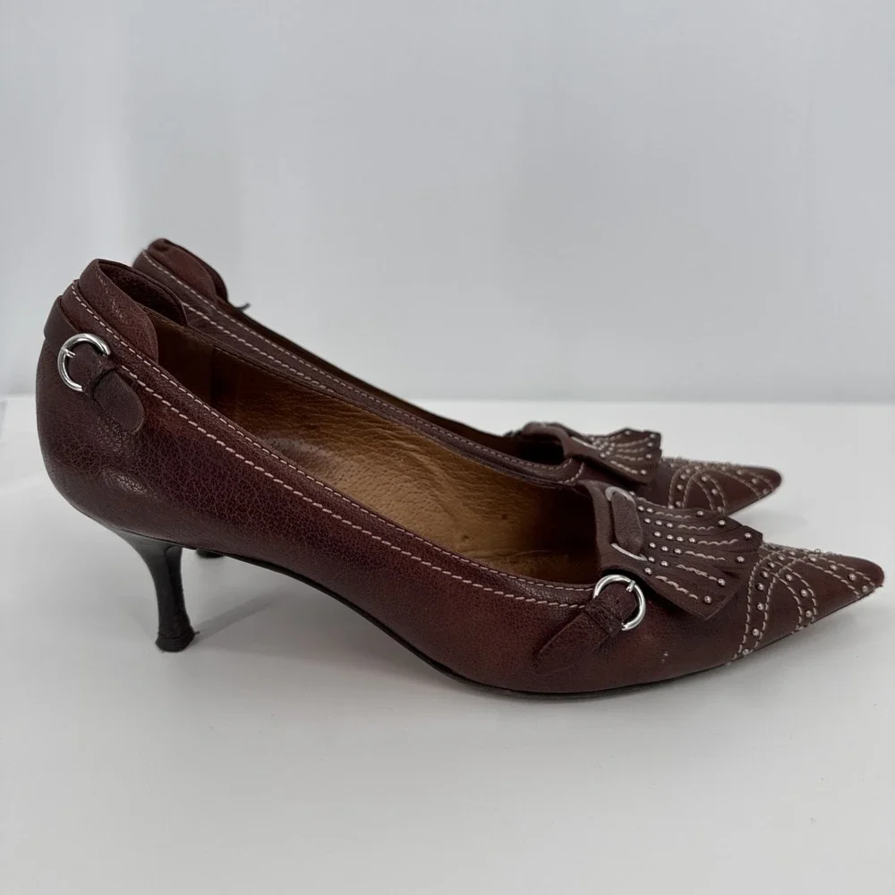Ballin VTG Brown‎ Leather Kitten Heel 37.5 Italy Studded Fringe Metal Classic